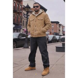 Levi Strauss Corduroy Sherpa Lined Hooded Trucker Jacket Tan Size S